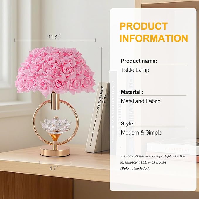 Modern Pink Rose Table Lamp with Crystal Romantic Flower Bedside Lamp Princess Nightstand Lamp Creative Desk Light for Girl Bedroom Living Room Entry Hotel Wedding 17IN