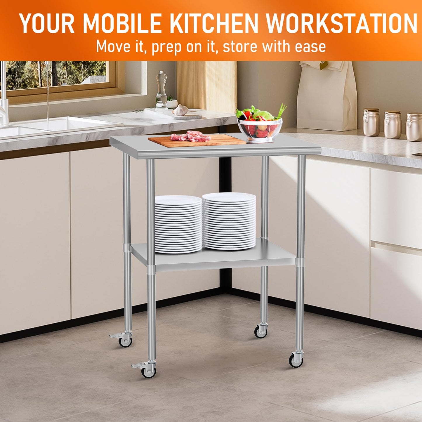 HOCCOT Stainless Steel Table with Wheels 24" x 30" Utility Worktable with Adjustable Undershelf for Commercial Kitchen, Garage, Restaurant