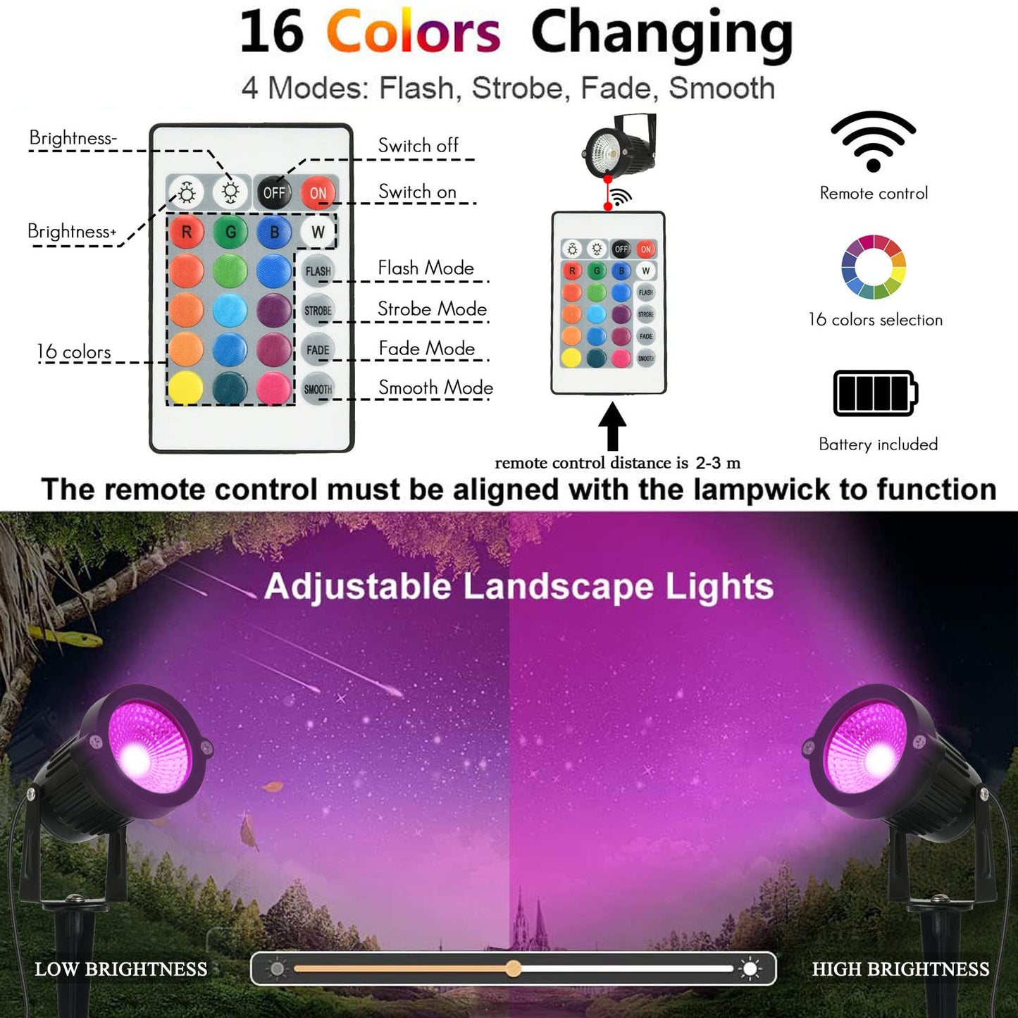 AHSELLUS RGB LED Landscape Lights, Color Changing Waterproof Spotlight, 5W DC12V, Multicolor, 2 with Connect, Model RGB-2P