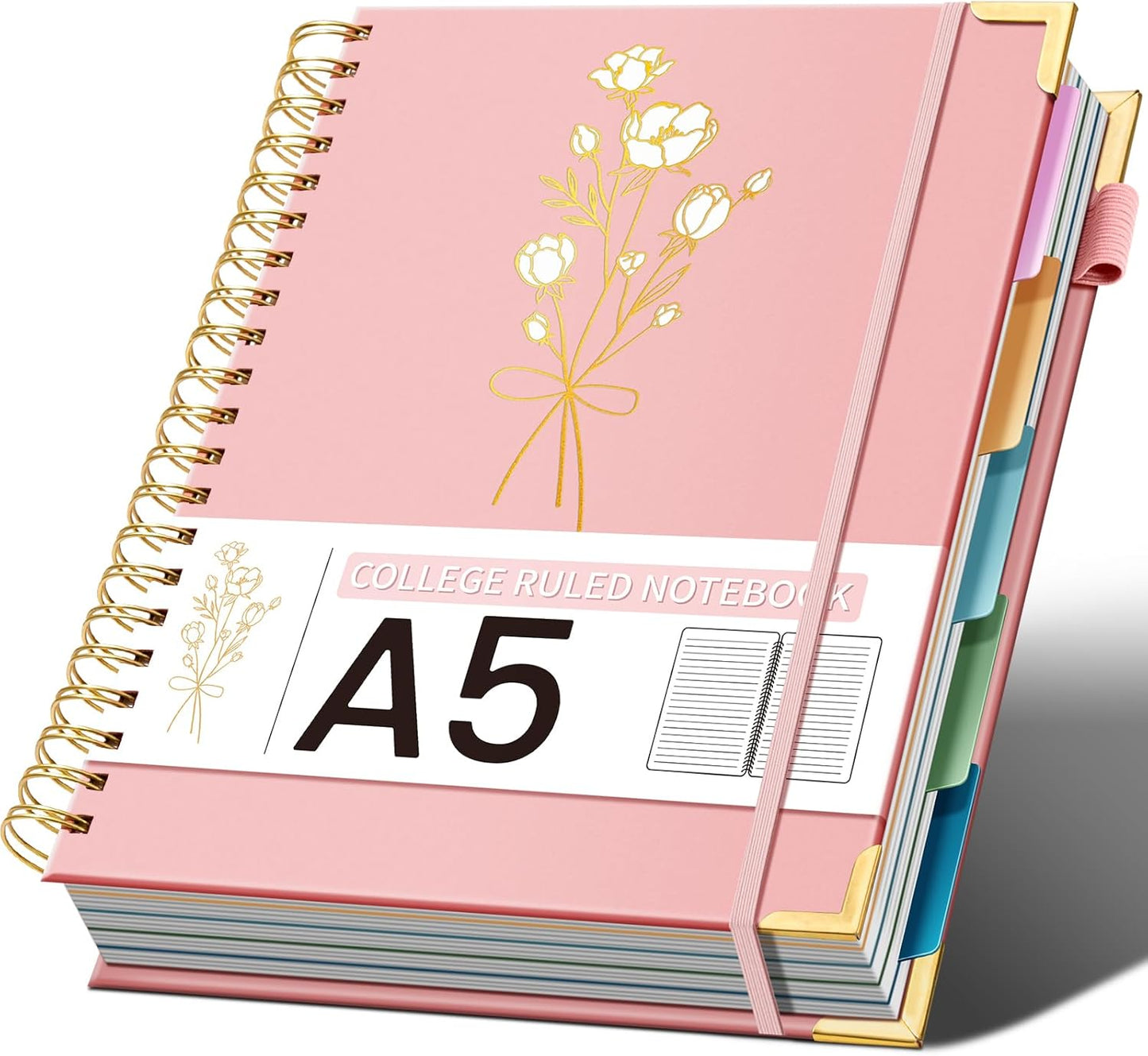 Hardcover Spiral Notebooks 6.1" X 8.4" Note Taking 5 Subject Notebook College Ruled with Dividers 240 Pages 100GSM Aesthetic Spiral Notebook for Work School Cute Journals for Women Writing, Pink