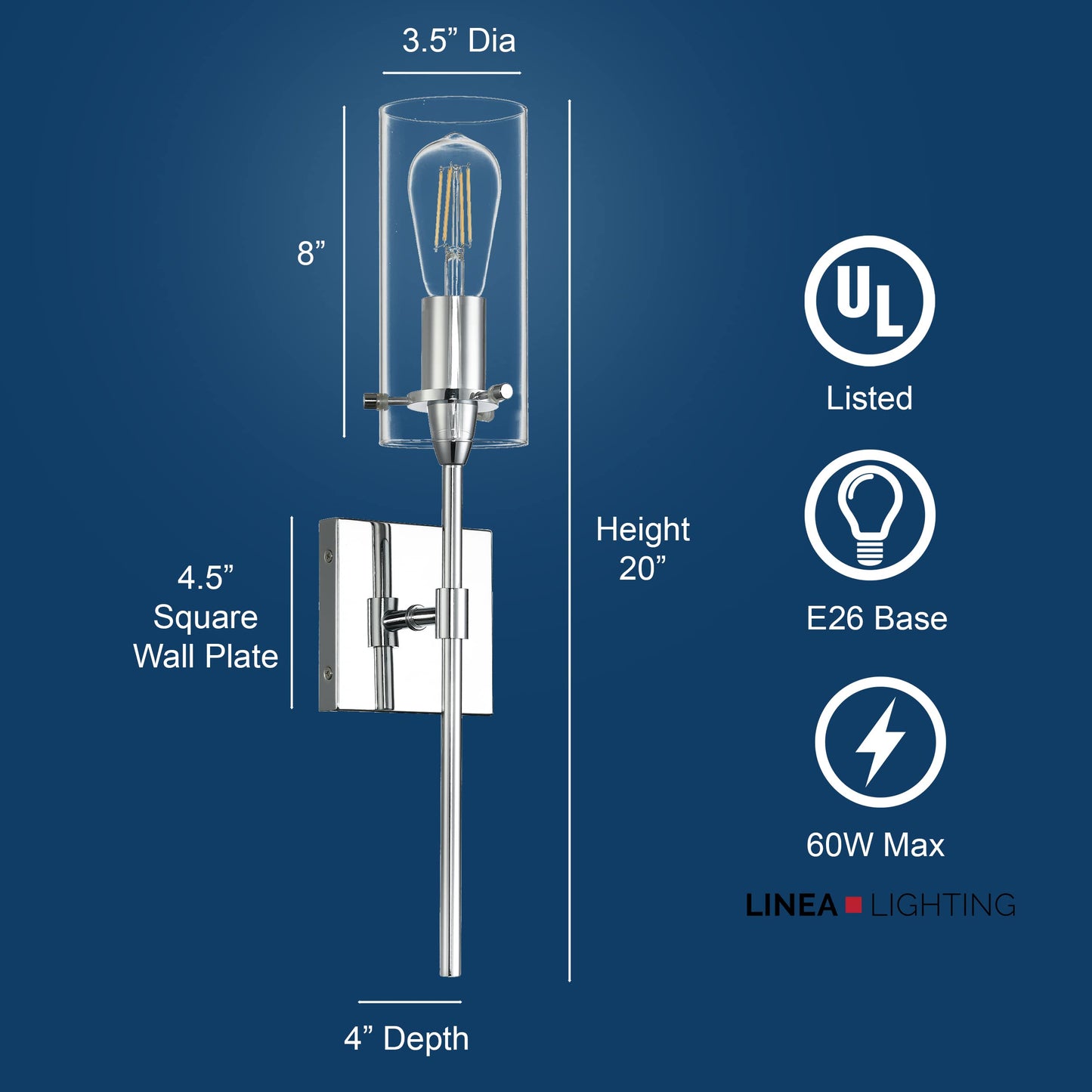 Linea di Liara Chrome Wall Sconce Light Fixture, Glass Indoor Bathroom Lighting, Model LL-WL31-PC, Size Sconce