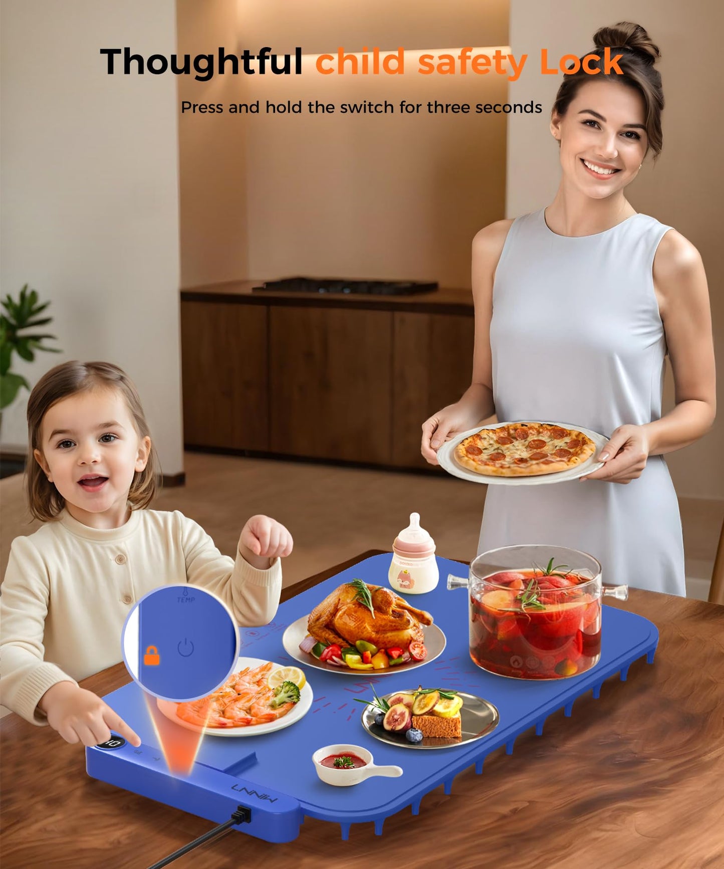 LNNIW Waterproof Food Warming Mat, Color-Changing Electric Heating Tray with 6-Level Temperature Control, 1-6h Timers, Dishwasher-Friendly Food Warmer Mat for Parties, Buffets, and Kitchen Use.