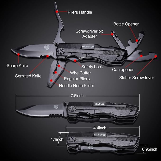 Multitool Pocket Knife for Men, Christmas Stocking Stuffer, Gifts for Boyfriend, Him, Husband, Dad, Multi Tool Tactical Plier With Nylon Sheath, LOVE