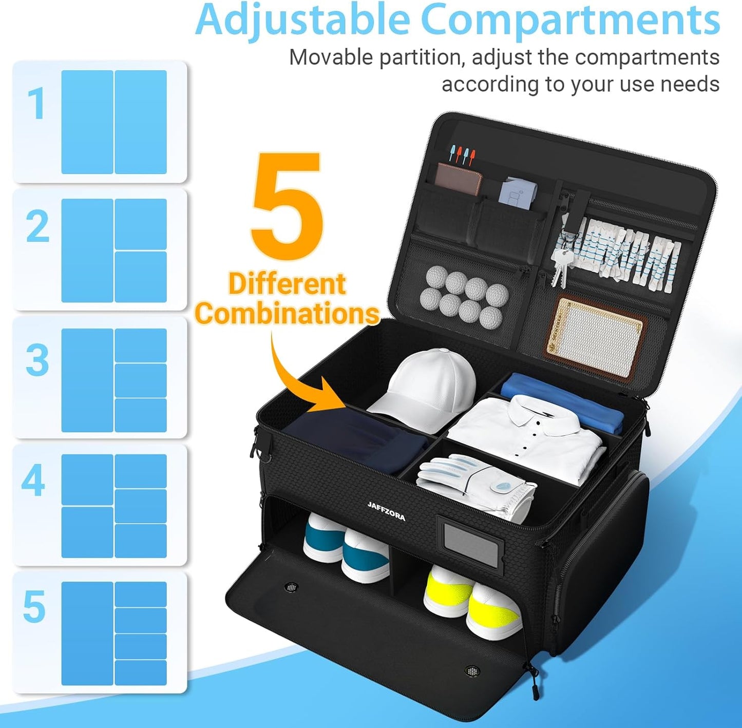3-Layer Golf Trunk Organizer, Golfer Gifts for Men Women with Separate Ventilated Compartment for 2 Pairs Shoes, Waterproof Car Golf Locker Storage Bag for Golf Gear and Accessories,Black