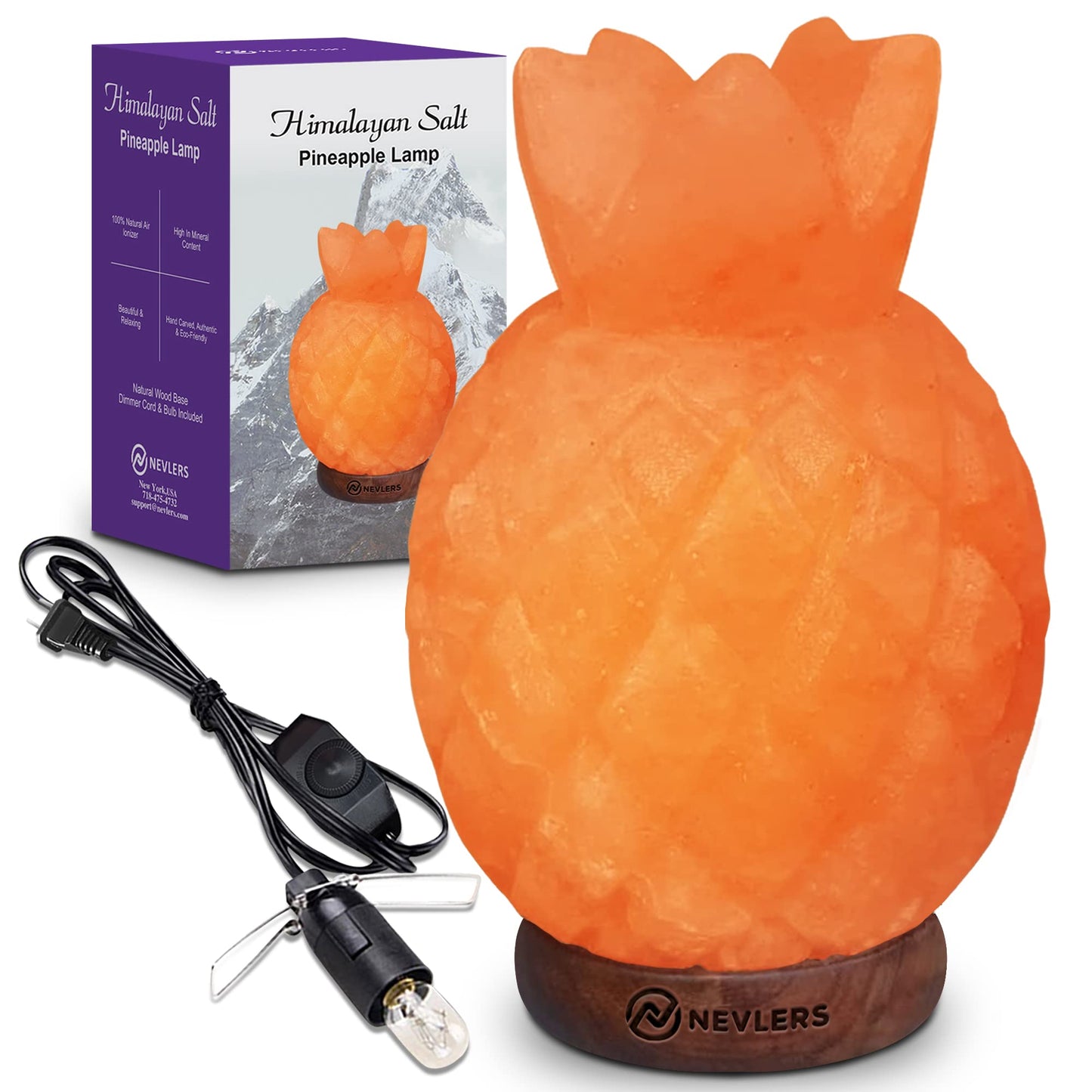 Nevlers Himalayan Pink Salt Lamp, Pineapple Shape, 7-8 lbs, 7in-8in Tall, Dimmer Cord, Wood Base, Ambient Decor, Model NDPINAPP36