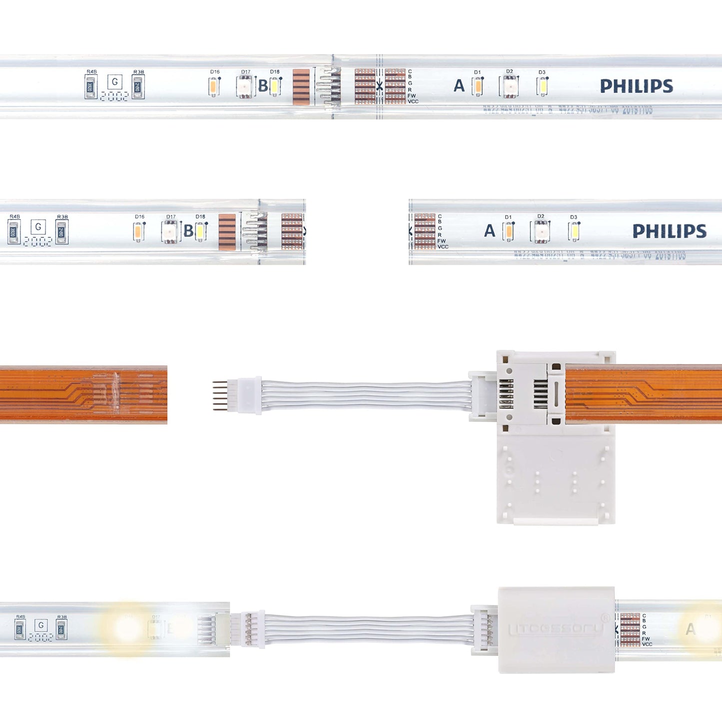 Litcessory 6-Pin To Cut-End Extension Connector For Philips Hue/Solo Lightstrip (2In  4 Pack  White - Micro 6-Pin V4 / Solo Lightstrip)