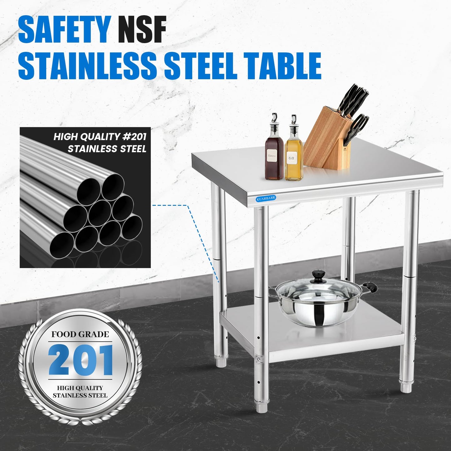 KUARBARR Stainless Steel Table for Prep & Work with Undershelf 18 x 24 Inches NSF Metal Commercial Kitchen Prep Table with Adjustable Under Shelf Worktable for Restaurant Home Outdoor