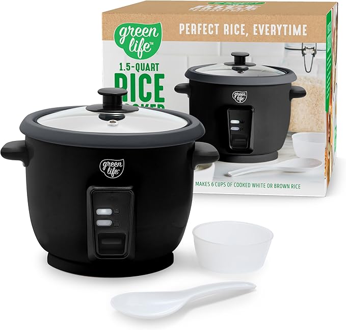 GreenLife Rice Cooker with Removable PFAS-Free Nonstick Pot, 3-Cups Uncooked/6-Cups Cooked, One-Switch Design, Auto Keep Warm Function, Soup, Grains, Oatmeal, Wood Handle, Black