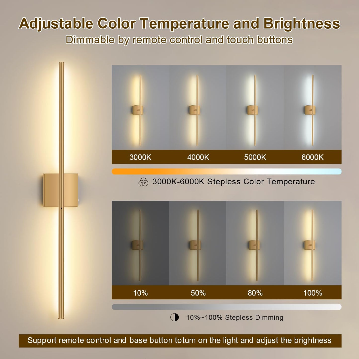 Linkenail Battery Operated Wall Sconces Set of 2, USB Rechargeable, Dimmable Touch, 32 Inch, Gold, Model XTFD-DC-JS