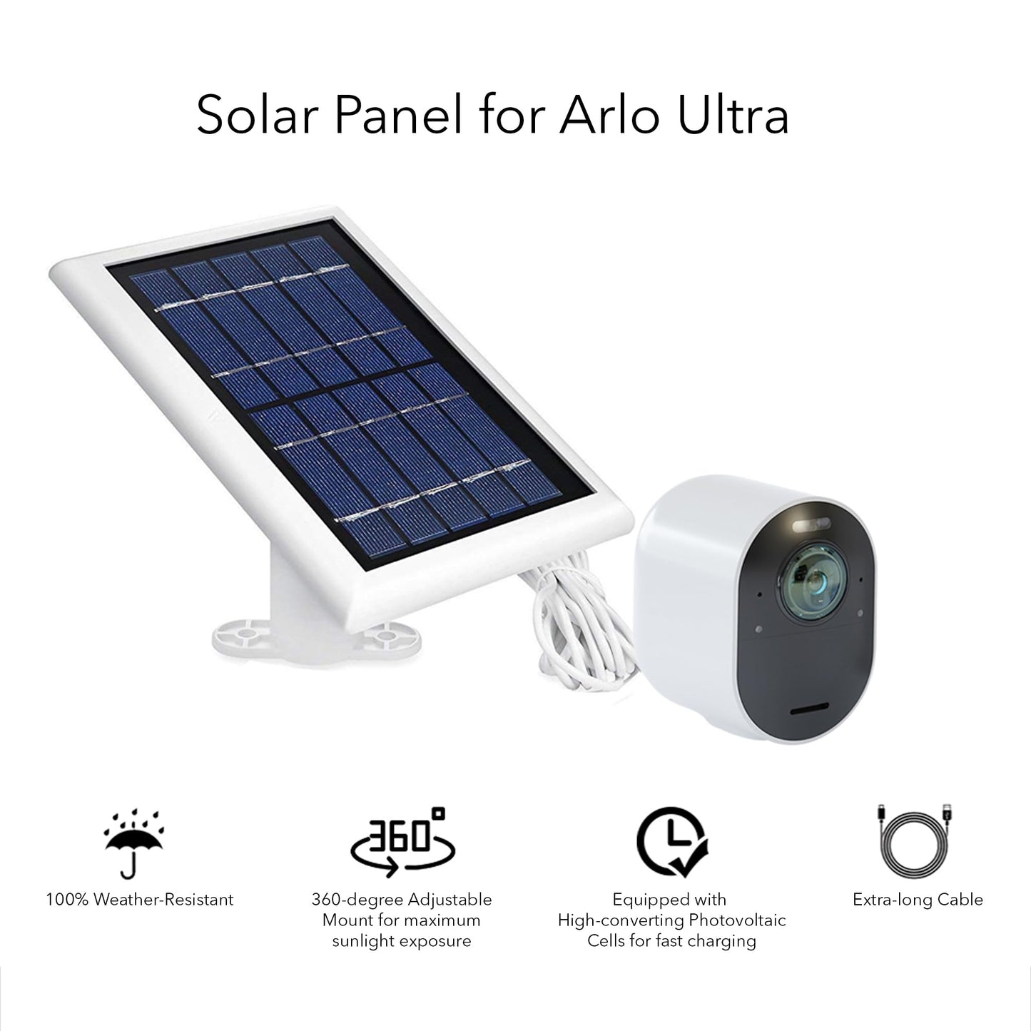 Wasserstein Solar Panel With 13.1-Foot Outdoor Magnetic Charging Cable For Arlo Ultra/Ultra 2 And Arlo Pro 3/4/5S (3-Pack, White