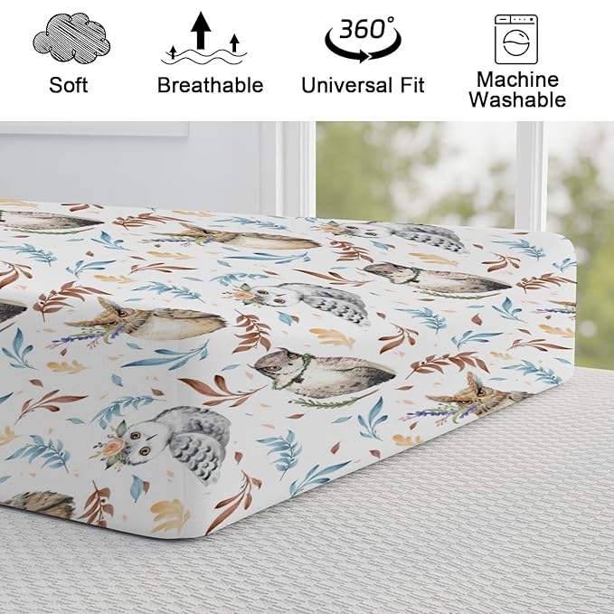 Watercolor Owl Flowers Leaves Changing Pad Cover Diaper Cute Owl Birds Floral Changing Table Cover Sheets for Boys Girls Soft Breathable Stretchy Diaper Changing Pad Mat Cover Sheets 32''x16''