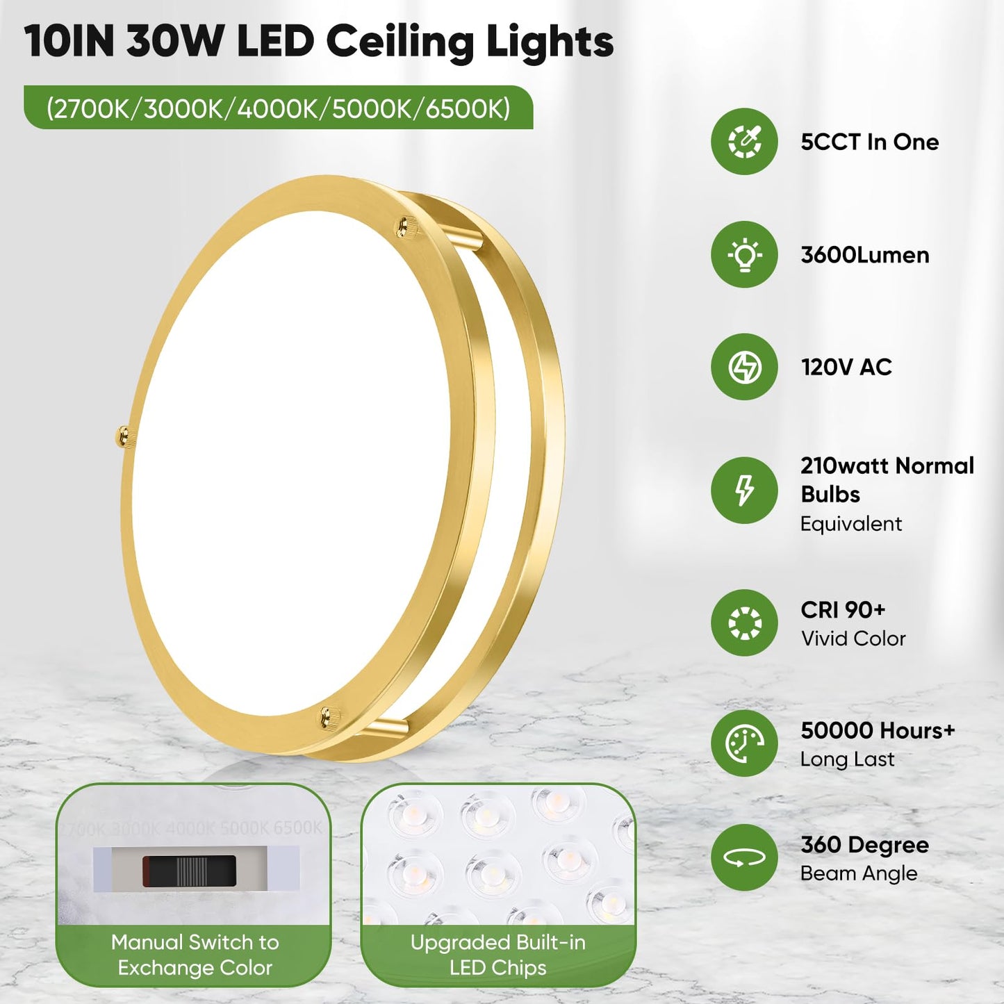 TOBUSA 10 Inch LED Flush Mount Ceiling Light, Dimmable, Brushed Gold, 5 Color Options, Model 63025009-03