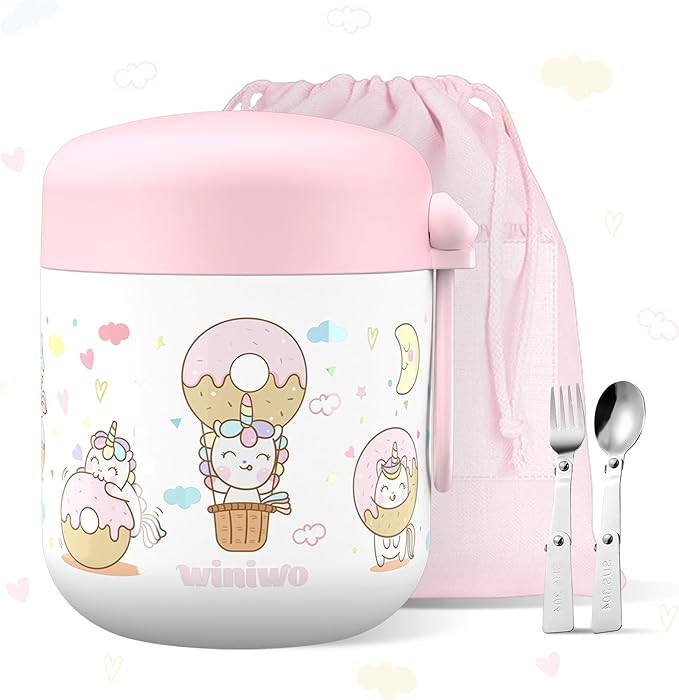 12oz Insulated Food Jar for Kids, Easy Carry, Wide Mouth, Thermos for Hot Food, Soup, Salad, Sandwich, School Lunches (Pink-Unicorn)