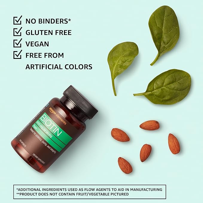 Amazon Elements - Biotin, 5000 mcg, Vegan, Helps maintain hair growth, healthy skin, and nails, 130 Capsules (4 month supply) (Packaging may vary)