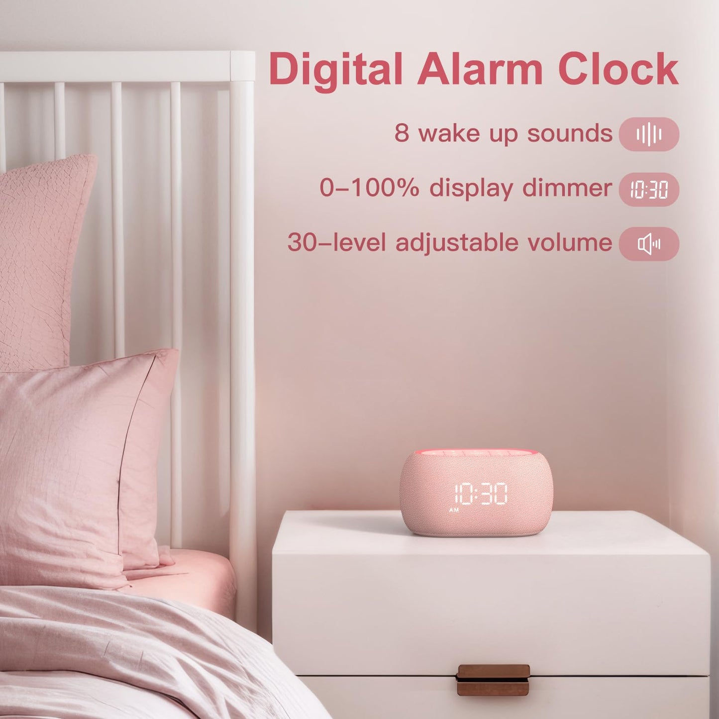 ANJANK White Noise Sound Machine Alarm Clock with Bluetooth Speaker, Hi-Fi Stereo Sound, 21 Soothing Sounds/7 Night Lights, 0-100% Dimmer/Sleep Timer, Soother for Teens Kids Girls, Bedroom, Pink