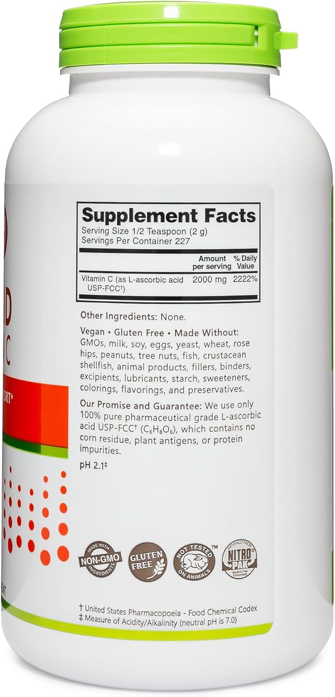 NutriBiotic Ascorbic Acid Vitamin C Powder, 16 Oz | Pharmaceutical Grade L-Ascorbic Acid, 2000 Mg Per Serving | Essential Immune & Antioxidant Collagen Support Supplement | Vegan, Gluten & GMO Free