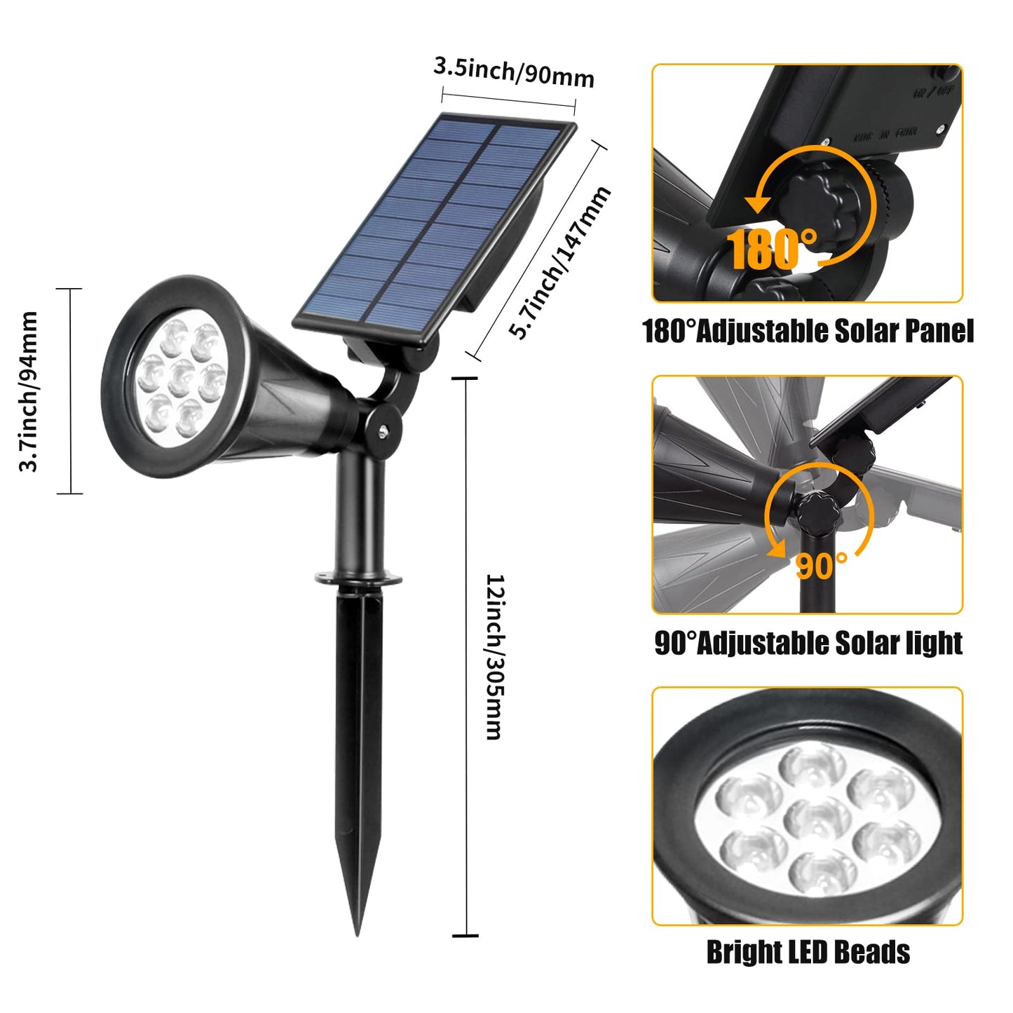 T-SUN Solar Spotlights, 7 LED Solar Lights Outdoor Waterproof, Auto ON/Off Adjustable Solar Garden Pond Lights for Tree, Patio, Yard, Garden, Driveway, Stairs, Pool Area (Yellow- 4 Pack)