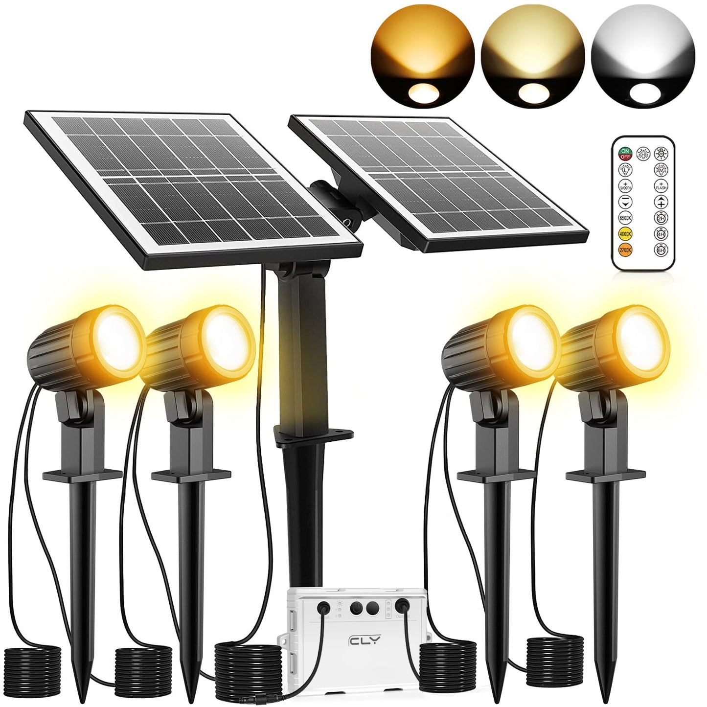 CLY Solar Landscape Spotlights, IP66 Waterproof, Remote Control, 2 Modes, 3 Brightness Levels, 14M Cable, Black, Model CW