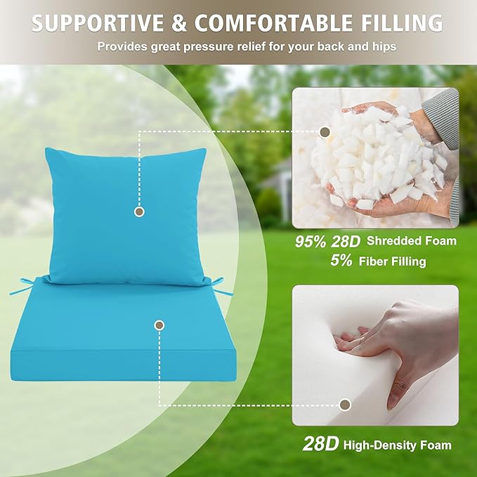 Outdoor Cushions for Patio Furniture, Waterproof Outdoor Chair Cushion w/Fade-Resistant, Removable & Machine-Washable Cover, 22x22 Inch, Deep Seat Sofa/Couch Pad Replacement – Set of 2, Teal