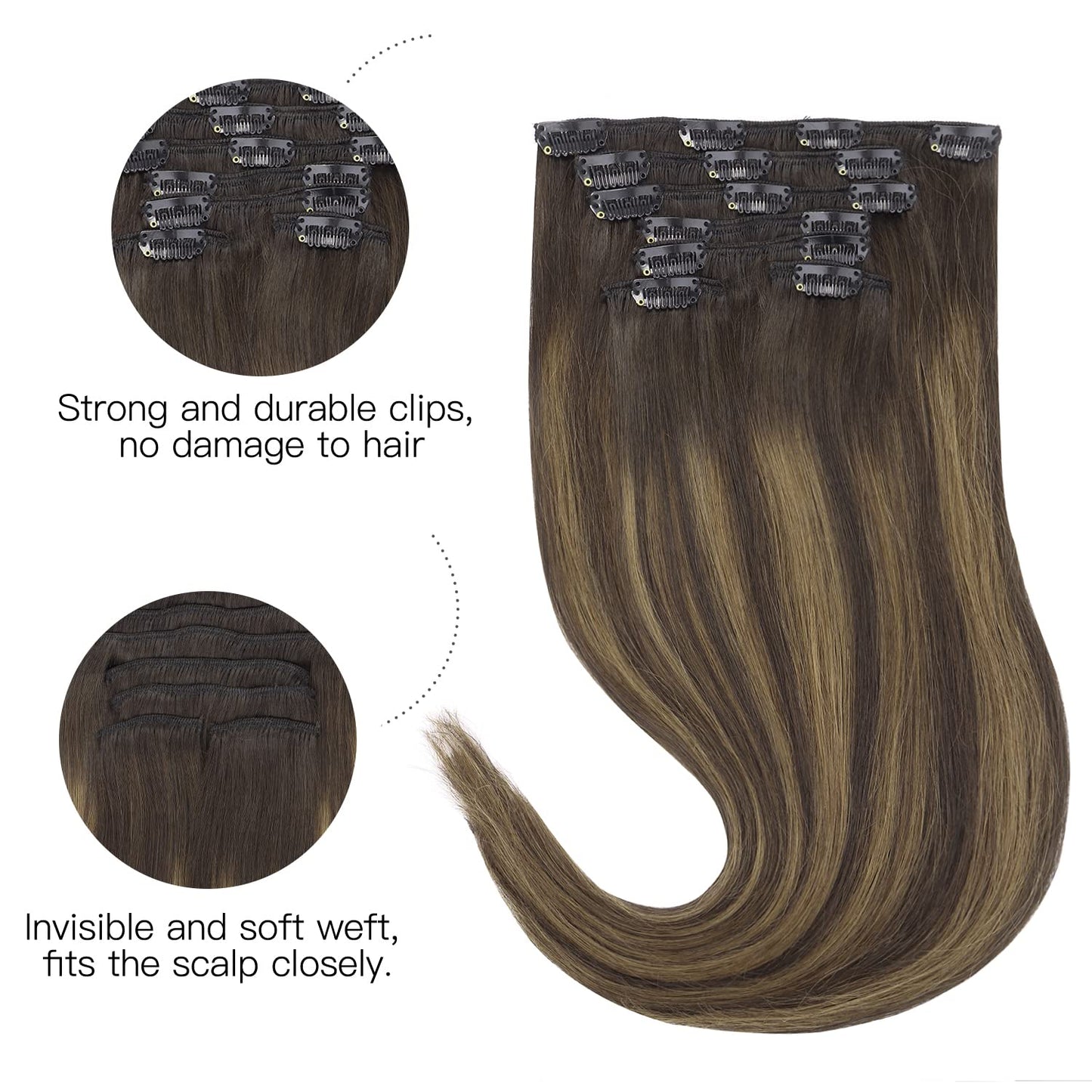 hotbanana Clip in Hair Extensions Real Human Hair 140g 9pcs 20 inch Dark Brown to Chestnut Brown Clip in Human Hair Extensions S