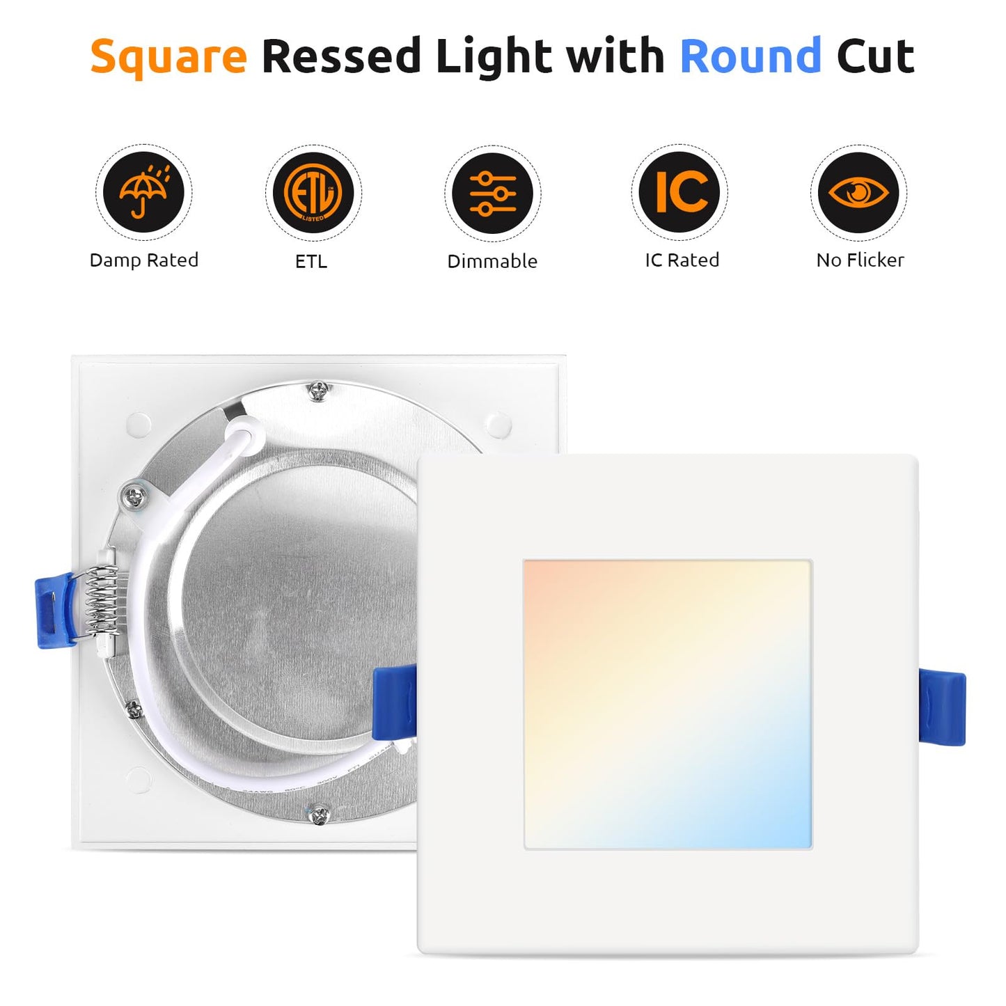 Honzin Square Led Recessed Lighting 4 Inch  5Cct Ultra Thin Led Recessed Ceiling Lights 6 Pack  Selectable 2700K/3000K/3500K/4000K/5000K  9W  Ic Rated  Dimmable Square White Trim With Junction Box