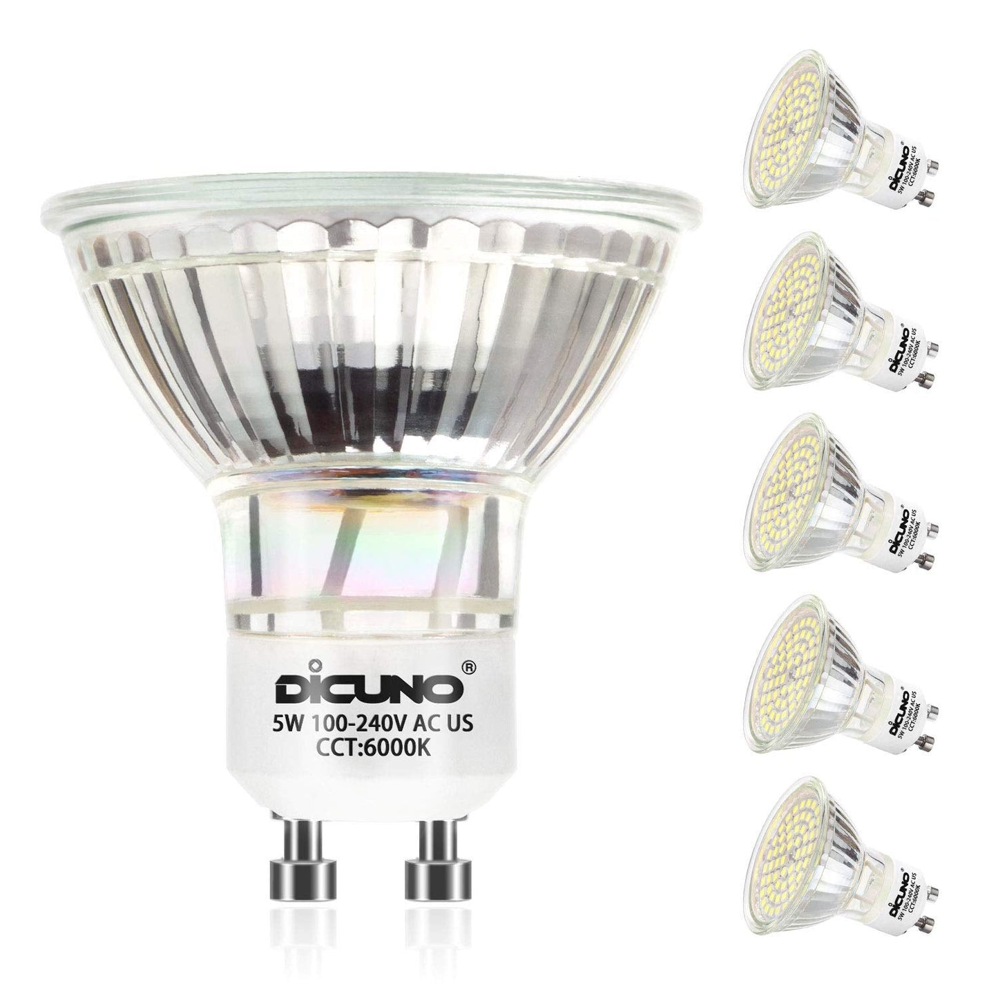 Dicuno Gu10 Led Bulbs 5W Daylight White 6000K, 500Lm, 120° Beam Angle, Non-Dimmable, 6-Pack, Mr16 Equivalent