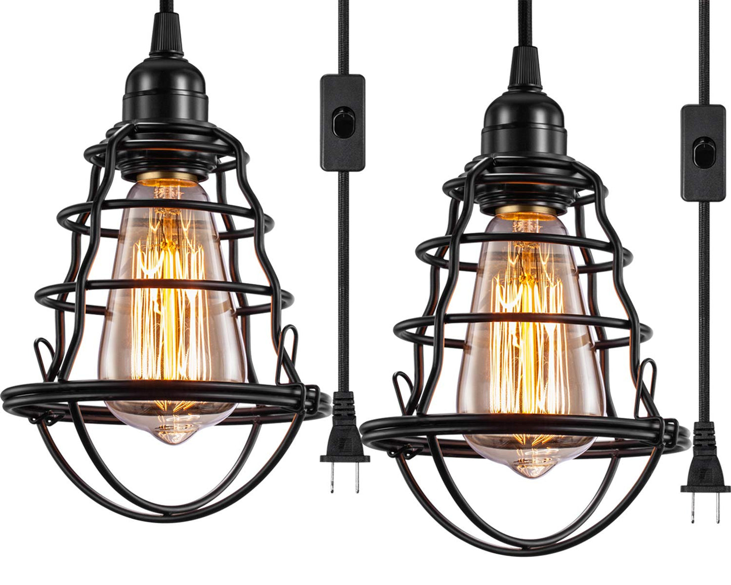 Asnxcju Industrial Plug-In Pendant Light, Vintage Cage Design, Metal, Black, E26/E27, 2 Pack