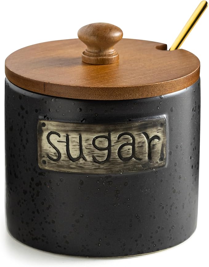LYEOBOH Black Sugar Bowl with Lid and Spoon, 15 Oz Farmhouse Sugar Container Holder for Coffee Bar Accessories, Food Storage Containers - Modern Kitchen Decor Housewarming Gift