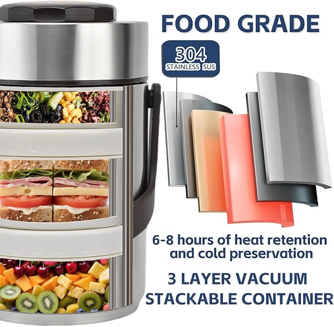 Vacuum Insulated Food Container Set with 3 Stackable Compartments - 67oz Adults Thermal Lunch Box, Leak-Proof Stainless Steel Wide Mouth Thermal Food Jar for Hot Food, Office & Outdoor