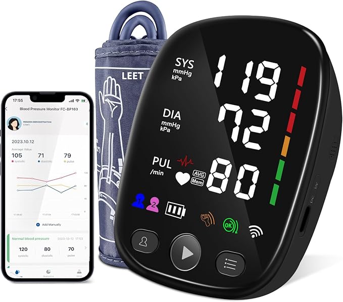 Bluetooth Automatic Blood Pressure Monitor for Home Use - with Adjustable Upper Arm Large Cuff (8.7"-17.3"), App Tracking,...