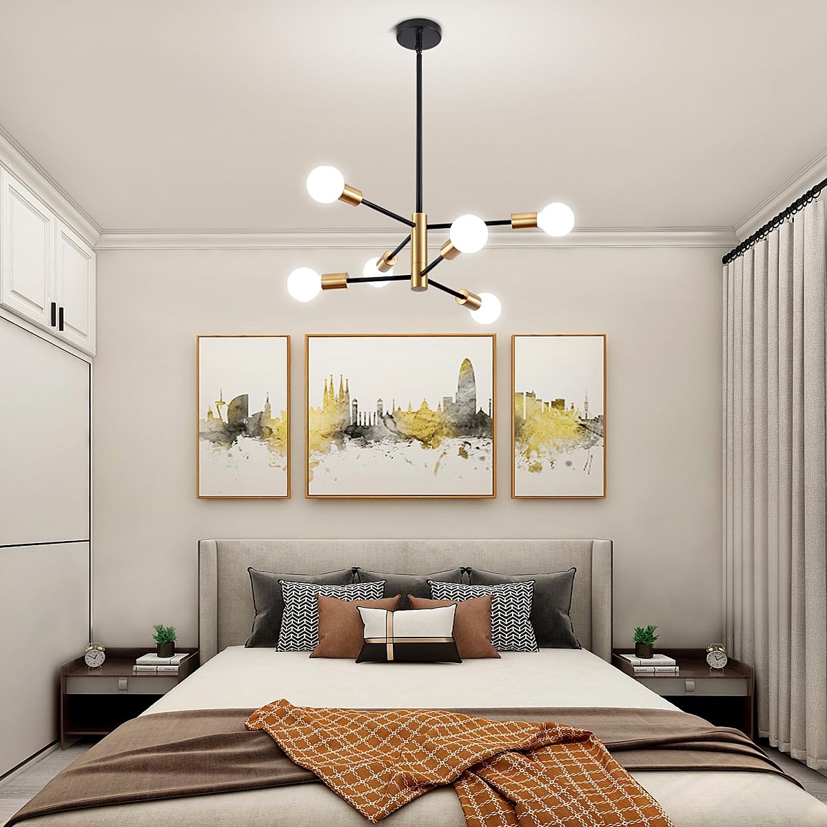 ZSMIHDOH Modern Chandelier, 6-Light Black & Gold Sputnik Light Fixture, Metal, Model Huazhi-68T for Dining Room, Living Room, Kitchen