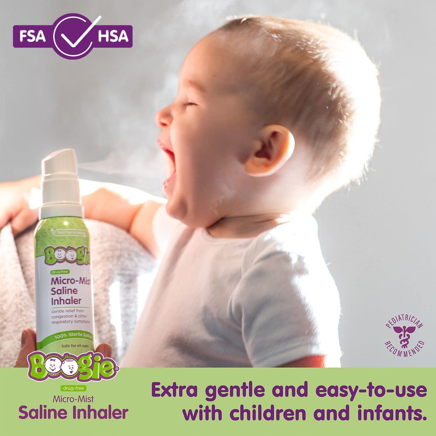 Boogie Micro-Mist Saline Inhaler, Baby Nose Congestion Relief, Nasal Spray for Kids, Pediatrician Recommended, HSA/FSA Eligible, Unscented, 1.7 oz (Pack of 1)