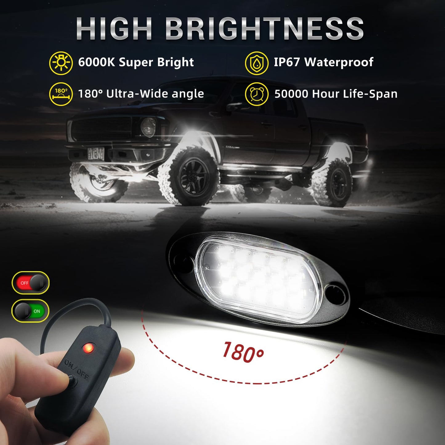 16 Pods Pure White Led Rock Lights With Extension Wires  Ip67 Waterproof 6500K Super Bright White Underglow Kit For Semi Truck Sedans Trailer Offroad Pickup Rv Underbody Under Car Lighting