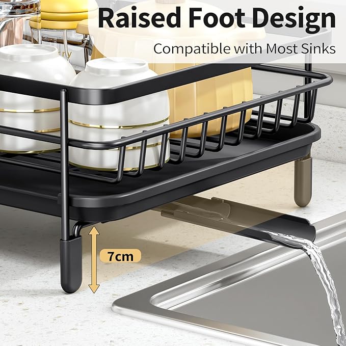 Expandable Dish Drying Rack for Kitchen Counter, Large Extendable Dish Rack with Bamboo Cover Cutlery Holder, Multifunctional Adjustable Dish Dryer Drainer