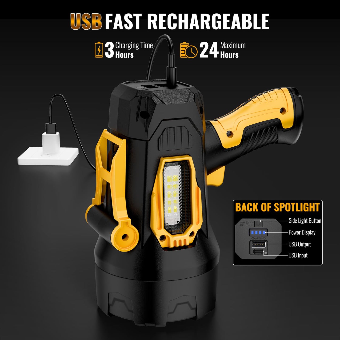 BEFAMALI Rechargeable Spotlight 99000 Lumens LED Flashlight with Tripod, 10000mAh, Black, Model W5225
