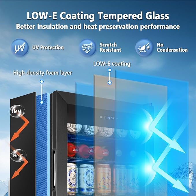 Tylza 130 Cans Beverage Refrigerator Cooler, 3.22 Cu.Ft Beverage Cooler with Low-E Glass Door, Safety Lock, Beverage Fridge for Soda, Beer, Wine, Mini Fridge for Home, Office, Bar, Bedroom, Black