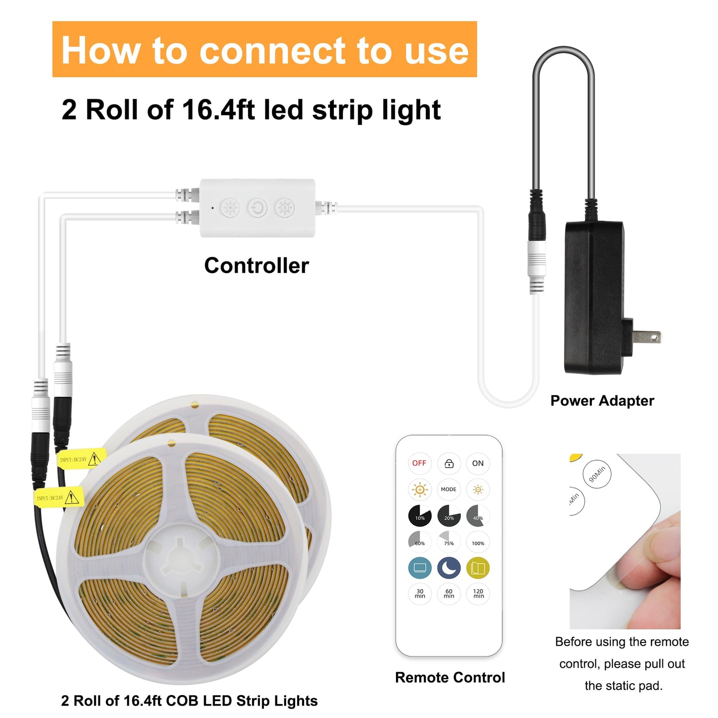 AXMOTUT COB LED Strip Light 32.8ft Warm White 2700K Dimmable with RF Remote, Model AM-320-5H227, Ideal for Bedroom & Kitchen Decoration