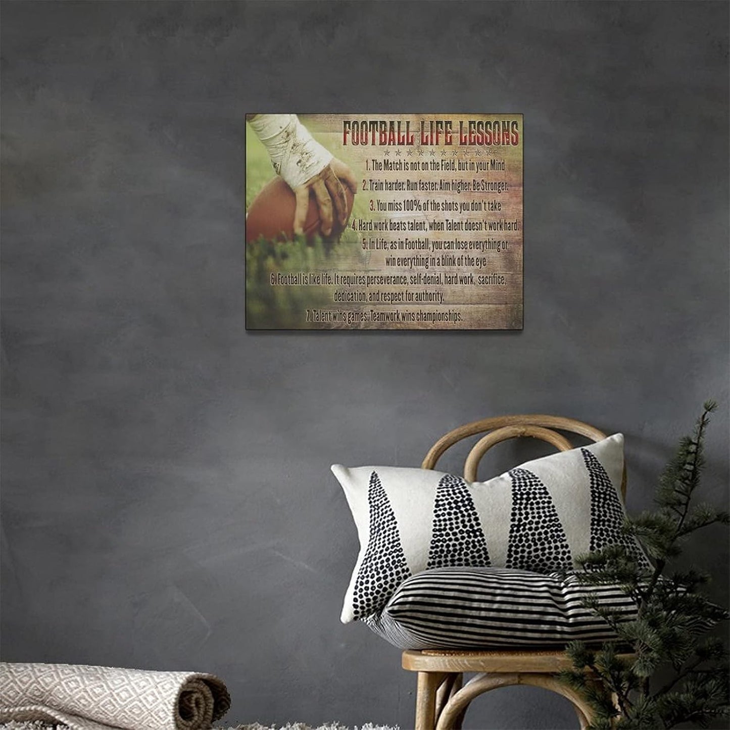 Football Life Lessons Wall Art Pictures Wall Decor Gifts for Football Player Boy Man Football Fan Vintage Football Sports Canvas Painting Print Artwork Framed for Classroom Boy Room Gym Office 12"x16"