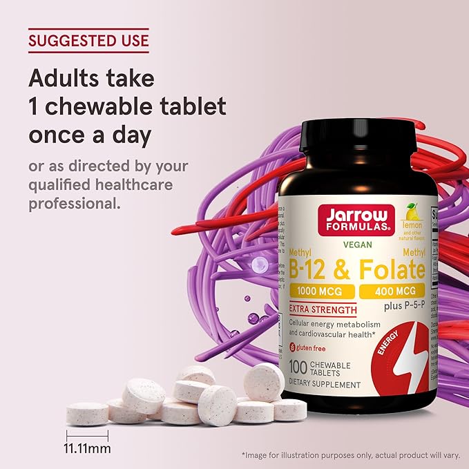 Jarrow Formulas Methyl B-12 1000MCG & Methyl Folate 400MCG,Extra Strength,Cellular Energy Metabolism & Cardiovascular Health Formula(1) With P-5-P,100Chewable Tabs,Up to a 100 Day Suppl,12Packs