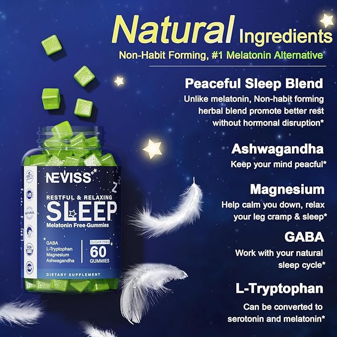 NEVISS Melatonin Free Sleep Aid Gummies for Adults - GABA, L-Tryptophan, Magnesium, Ashwagandha - Non-Habit Forming, Help for Deep Relaxation - Vegan, Meyer Lemon Flavor, 1Pack