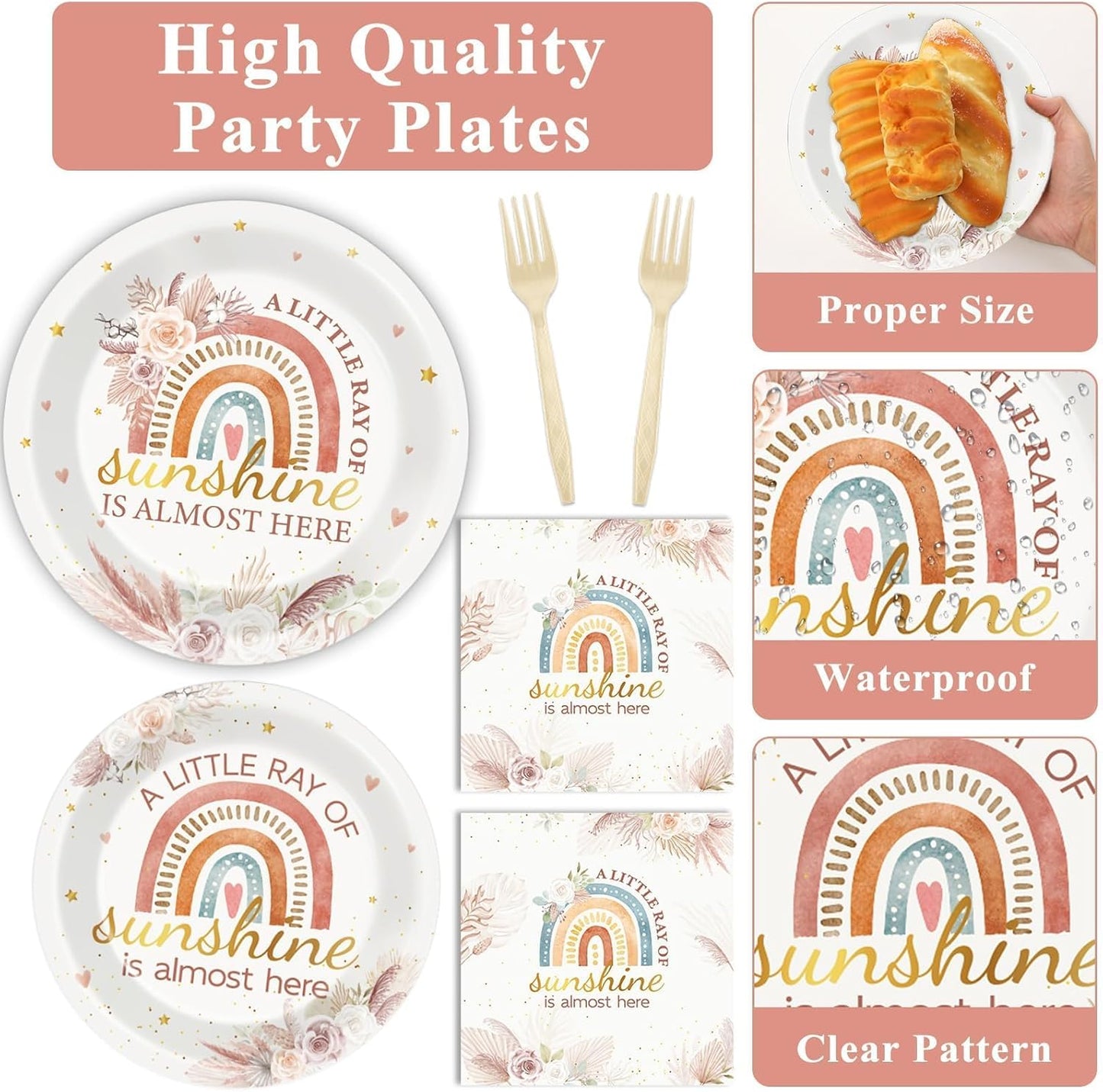 96 Pcs Boho Rainbow Party Decorations Floral Boho Tableware Set Boho Rainbow Birthday Plates Napkins Forks for Girl Boy Baby Shower Ray of Sunshine Birthday Dinnerware Party Supplies 24 Guests