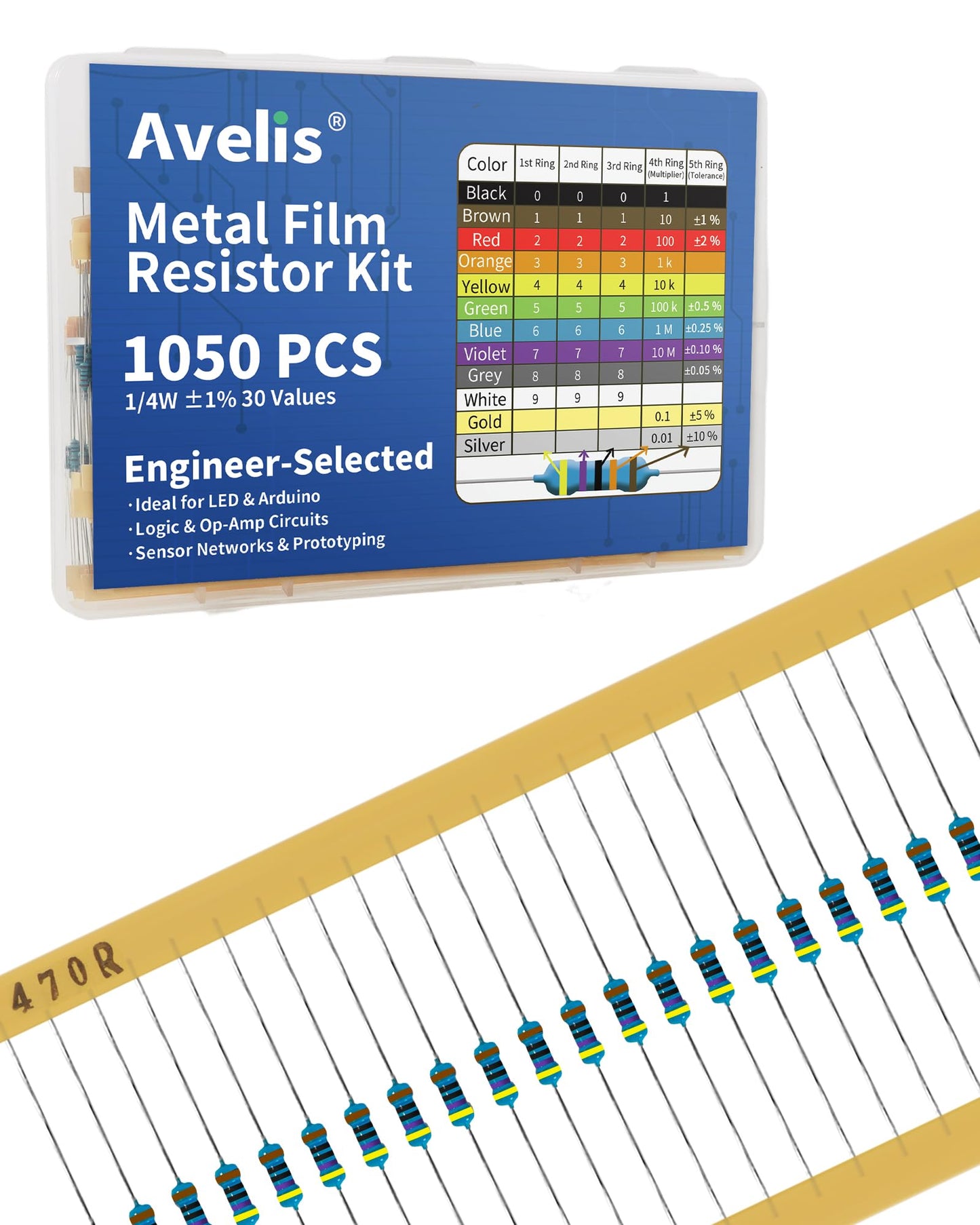 Avelis 1050 Pcs 30 Values Resistor Kit 1/4 W +-1% Metal Film Fixed Resistors Assortment Kit, 10 ohm- 1M ohm, 35 Each, High Precision Electronic Component Set for Arduino