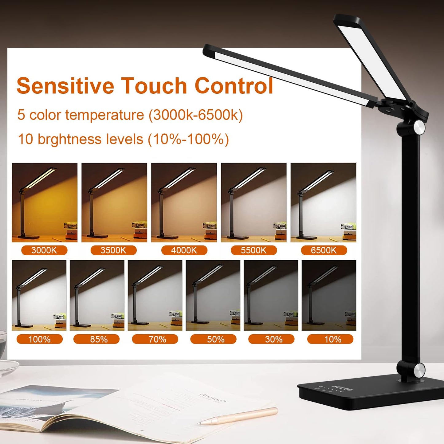 NUNET LED Desk Lamp, Rotatable Aluminum, USB Charging Port, Glossy Black, Model NULED-MSL2black