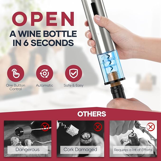 Electric Wine Opener,Rechargeable Automatic Wine Opener Corkscrew Opener Set With Wine Stopper, Foil Cutter, Wine Aerator,Storage Base & USB-C Cable Christmas Gifts for Wine Lovers
