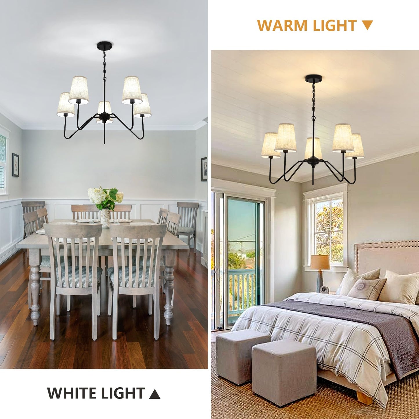 Jsdorsy Chandelier With Linen Shade  Black Dining Room Light Fixtures Over Table  Classic Pendant Light Fixtures Ceiling Hanging Lighting For Living Room Bedroom  5-Arm  30 Dia