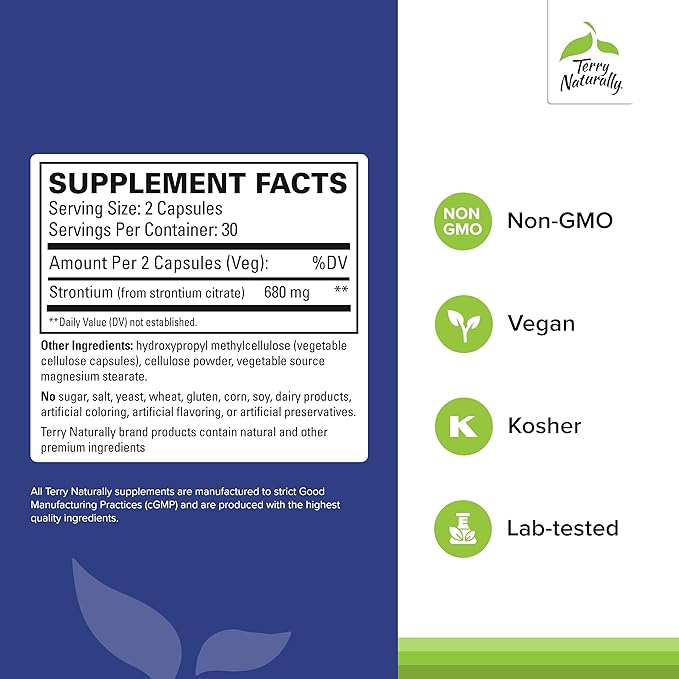 Terry Naturally Strontium - Bone Health & Strength Support Supplement - Supplement with Vegan Capsules - Health Supplement with Strontium Citrate for Superior Absorption - 60 Capsules