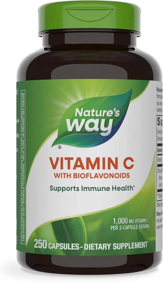 Nature's Way Vitamin C with Bioflavonoids, Immune Support*, High Potency Vitamin C per 2-capsule serving, Promotes Collagen*, 1,000 mg per 2-Capsule Serving, 250 Capsules (Packaging May Vary)