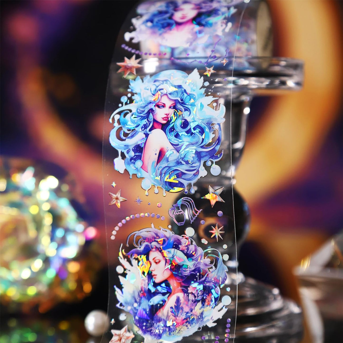 6 Pcs Constellation Goddess PET Scrapbook Tapes, Holographic Stickers for Journaling, Scrapbook Supplies, and Ephemera, with Decorative Clip