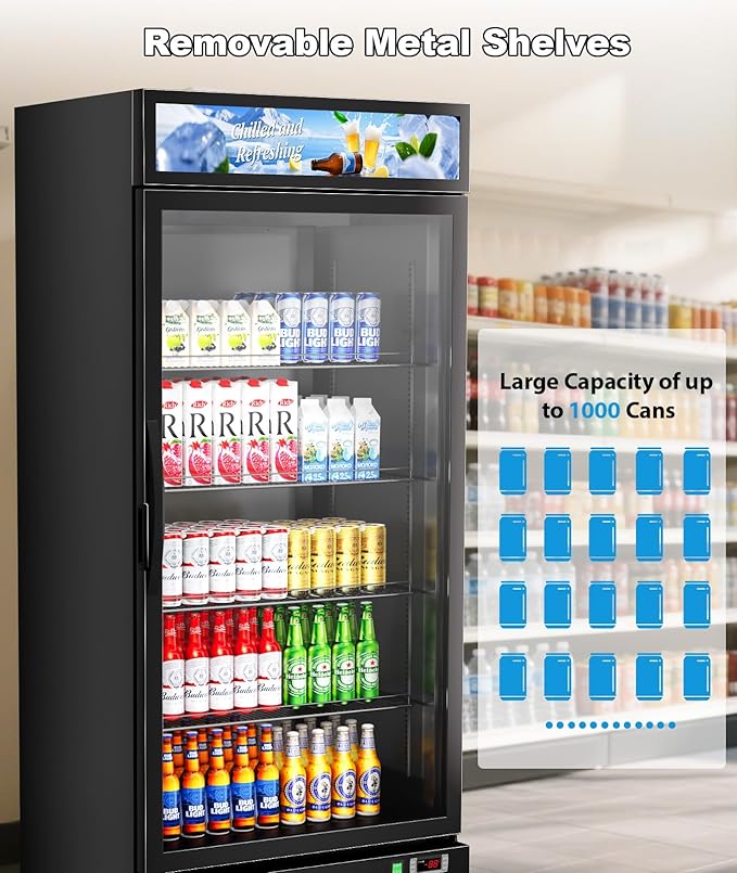 Tylza Commercial Refrigerator with Glass Door Display Beverage Fridge, 21.2 Cu Ft Upright Beverage Cooler Merchandiser with Rebound Door, Fast Cooling, Low Noise, Black