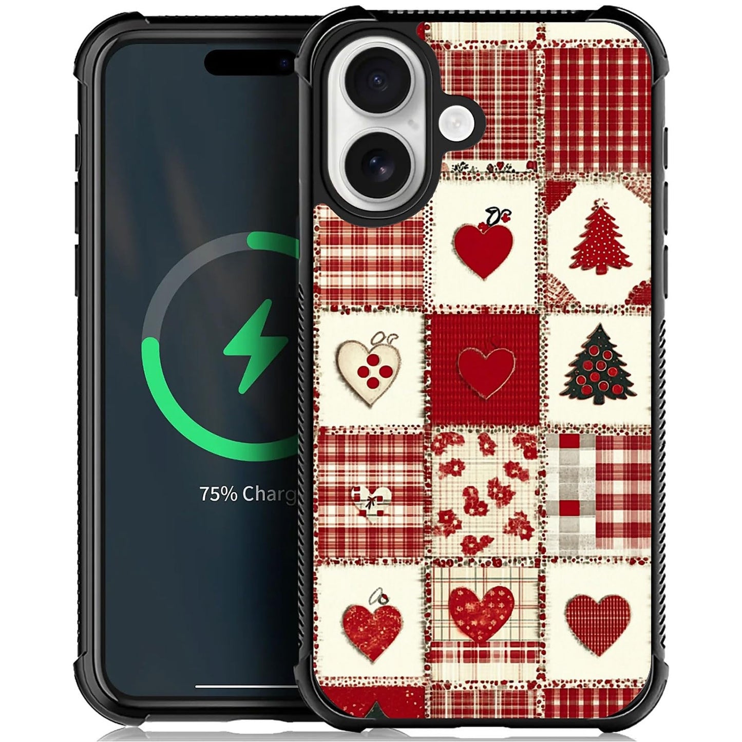 XUANWENPA for iPhone 17 Case,The Black Shell Design is Bright,Anti Drop and Dust-Proof,Christmas Tree and Checkered Heart.